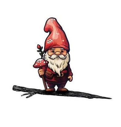 Garden gnome stake – laser-cut metal gnome with red cap and mushroom standing on steel log