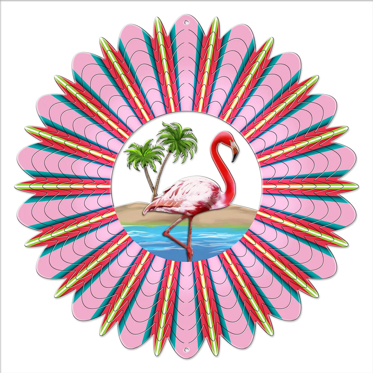 Large round wind spinner with tropical feather-ray blades and a pink flamingo standing in blue water by palm trees