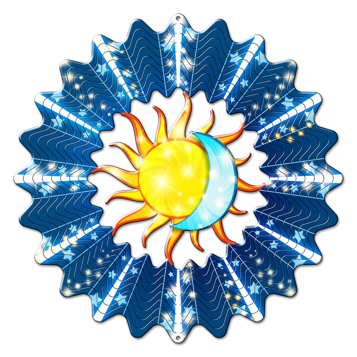 Large sun and moon wind spinner with golden sun, crescent moon and starry navy layered blades