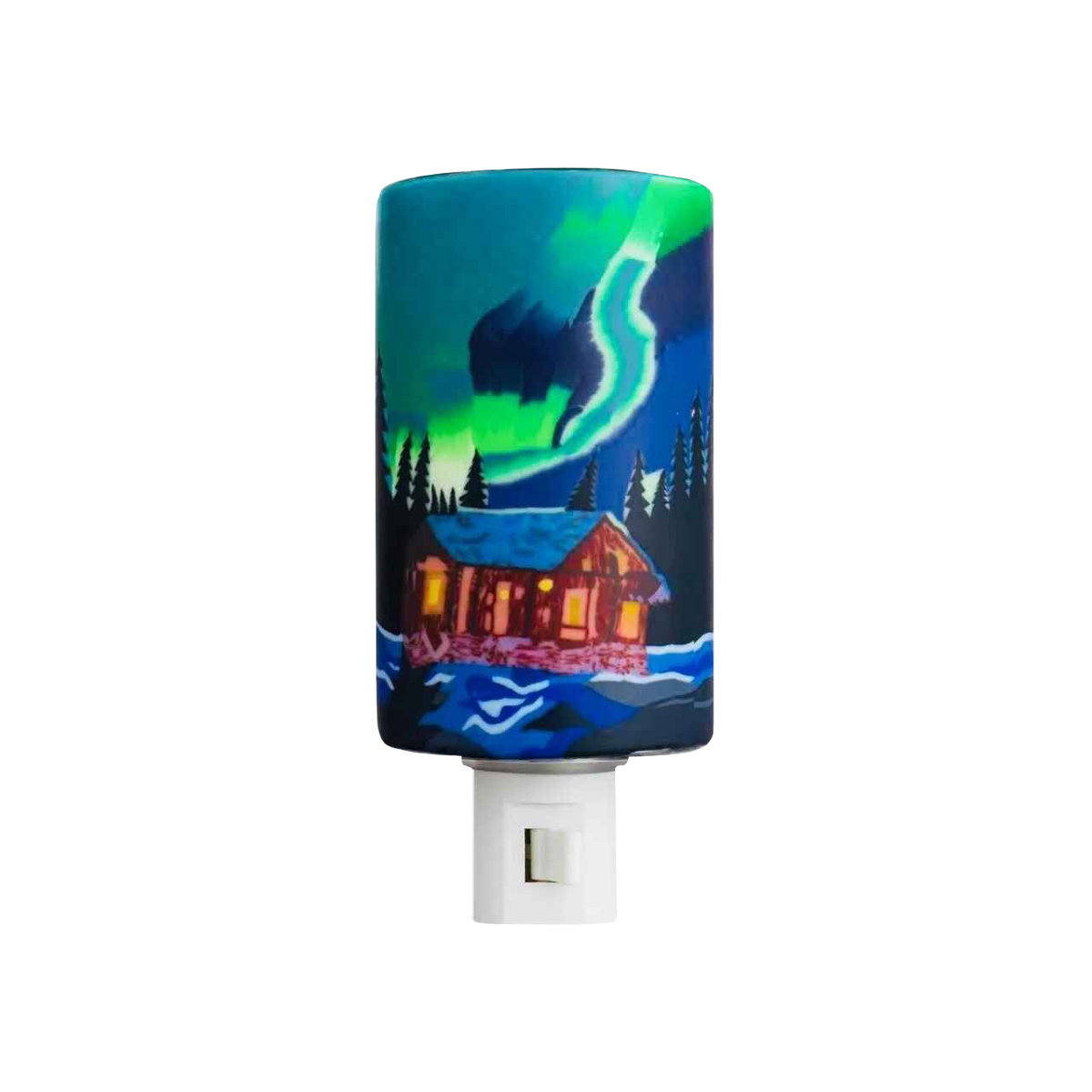 Claymaster Northern Lights nightlight – handcrafted glass with green aurora over winter cabin scene