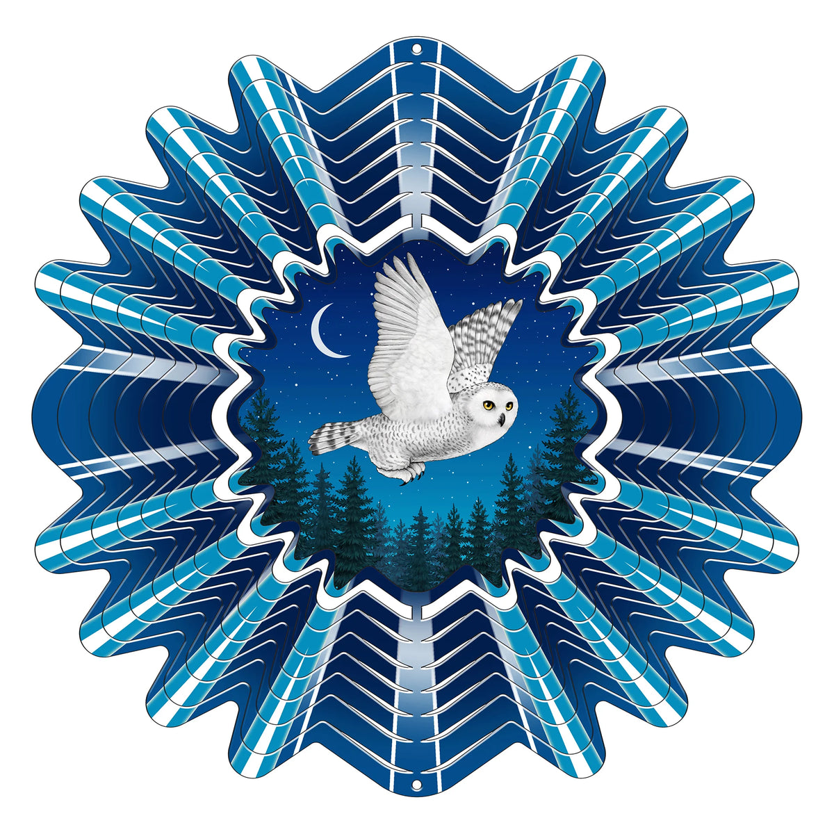 Large Animated Snowy Owl wind spinner with white owl in night flight over evergreens, framed by blue and white striped petals
