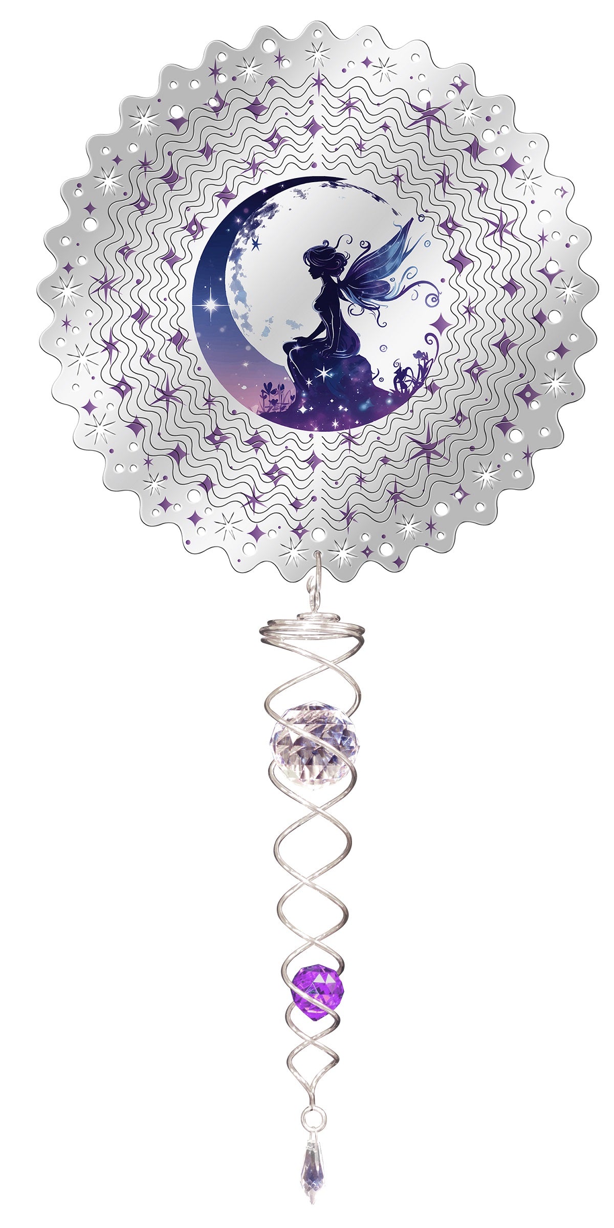 Small fairy wind spinner set with purple fairy on crescent moon centre scene, silver scalloped spinner and crystal twister with purple crystal ball