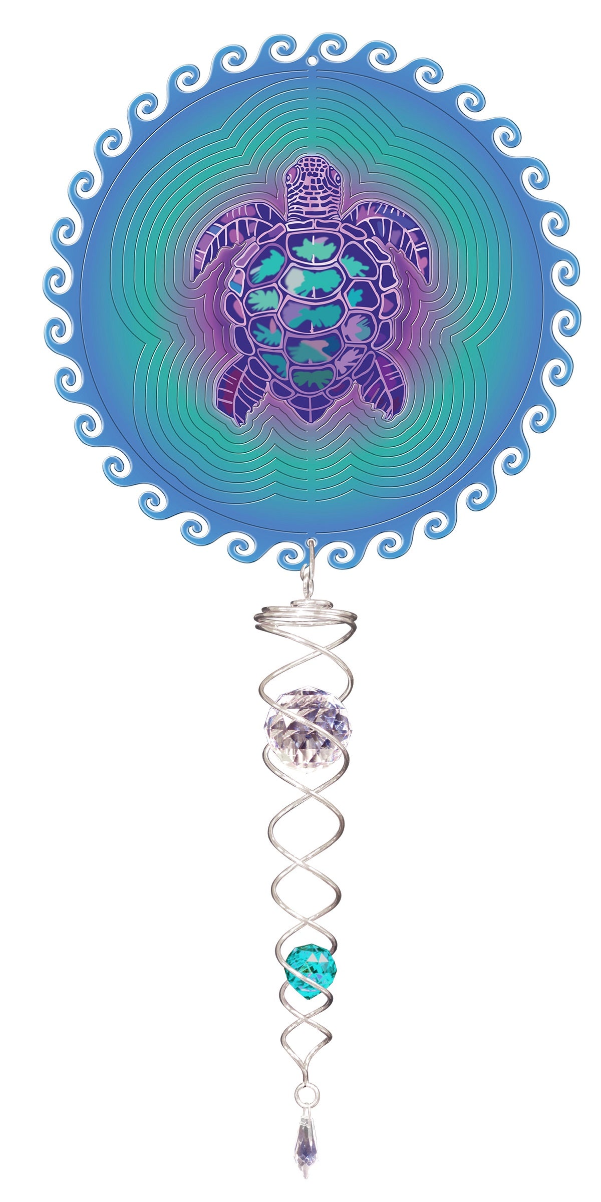 Small waves sea turtle wind spinner gift set with batik-style turtle print and crystal twister hanging below