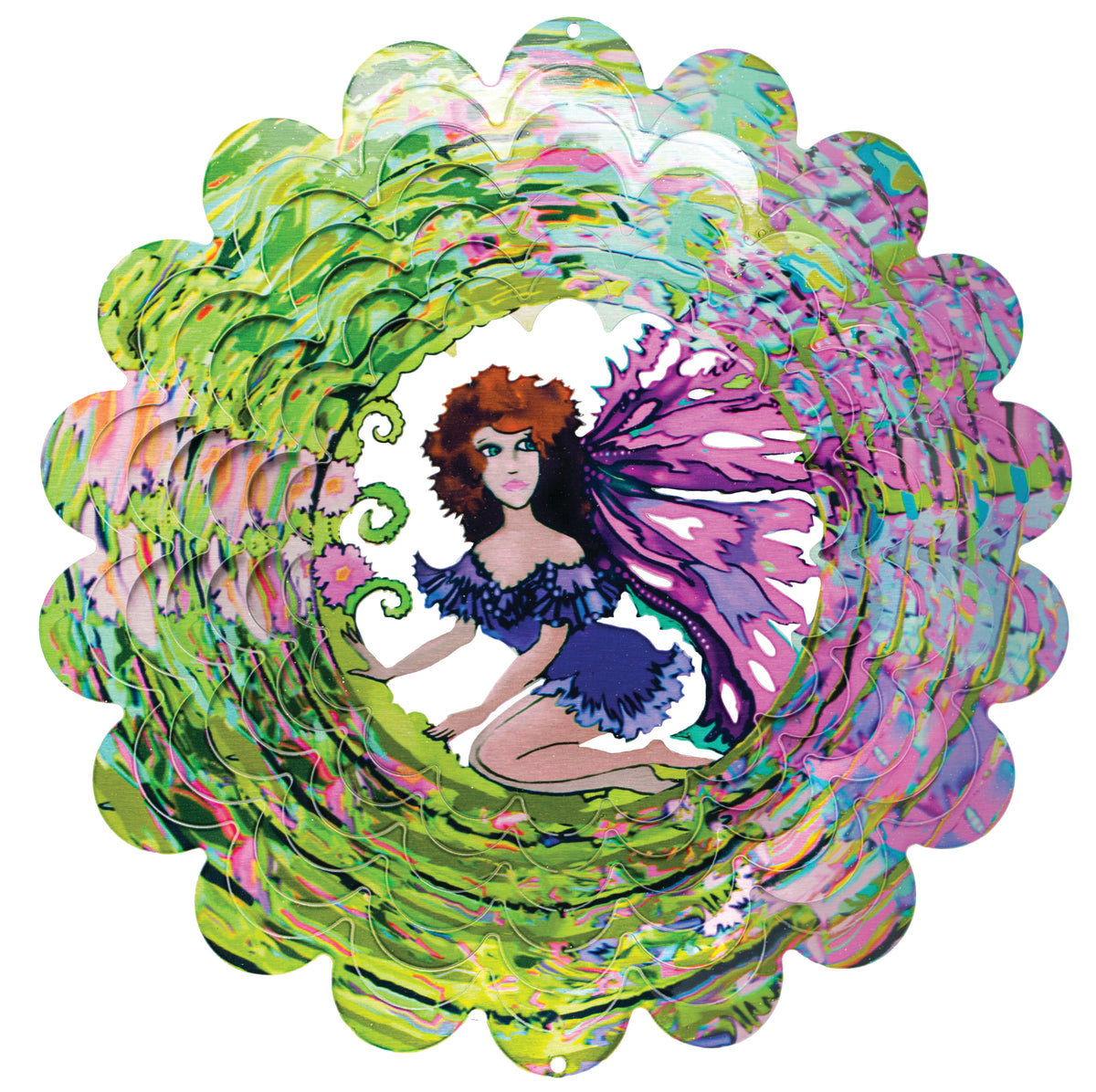 Small round wind spinner with marbled green and pink blades and a kneeling fairy with butterfly wings at the centre