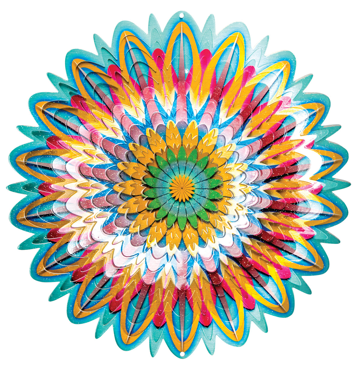 Large floral mandala wind spinner with layered teal, gold, pink and green petals radiating from a green and gold centre