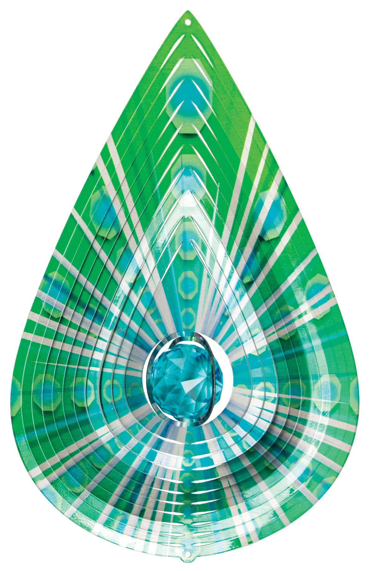 Large green teardrop wind spinner with turquoise crystal ball centre and silver ray bursts