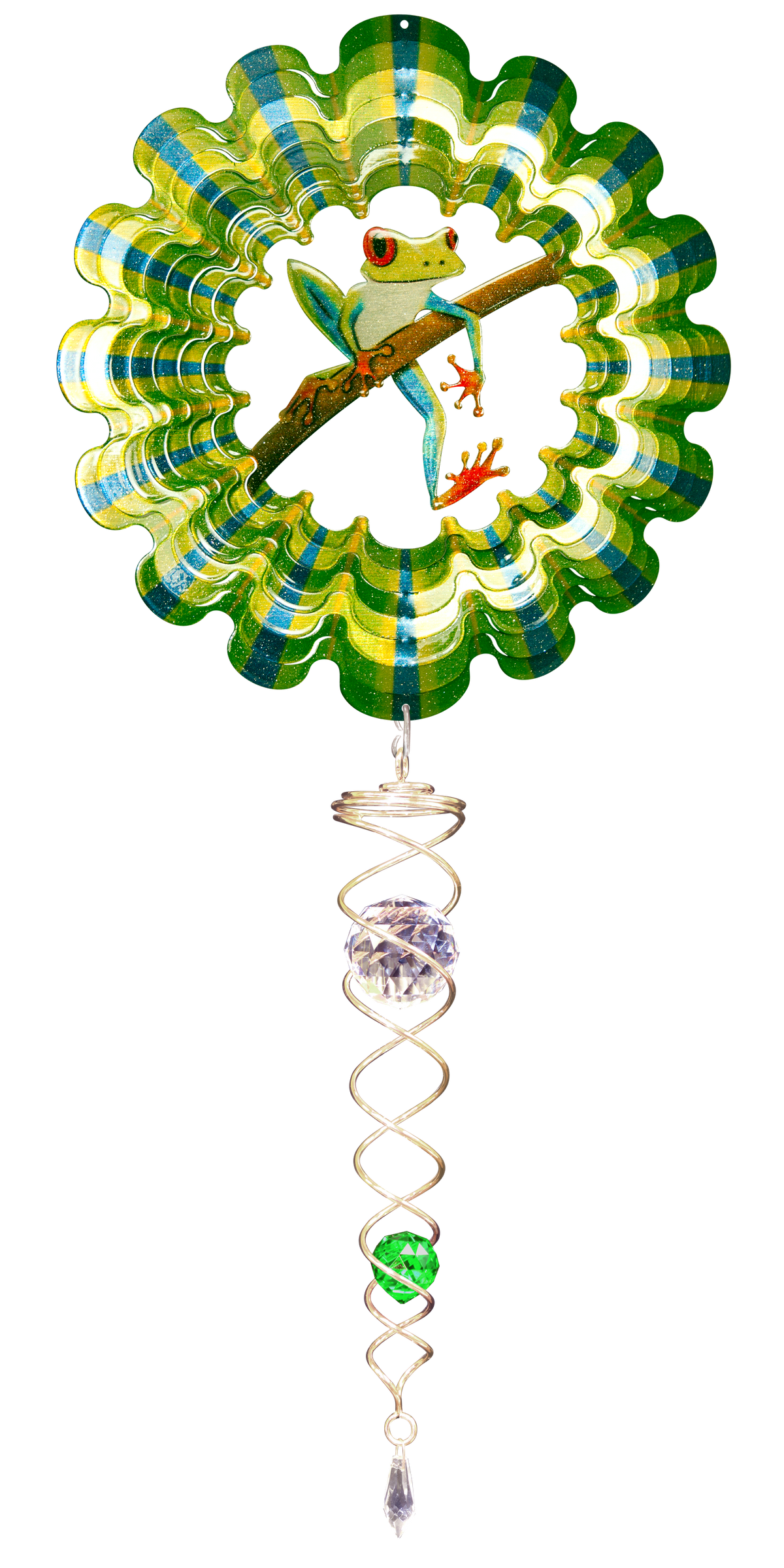 Tree frog wind spinner set with green striped scalloped spinner and silver crystal twister below