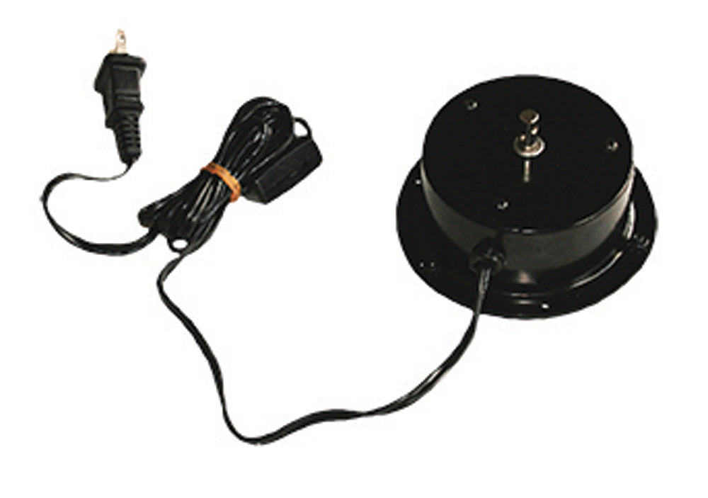Round black AC plug-in electric wind spinner motor with rotating top spindle, coiled power cord and two-prong wall plug