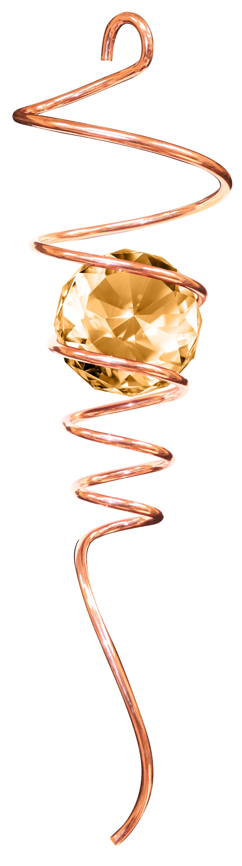 Copper and amber spiral tail, a vertical copper-toned stainless steel corkscrew cradling a large amber faceted crystal ball