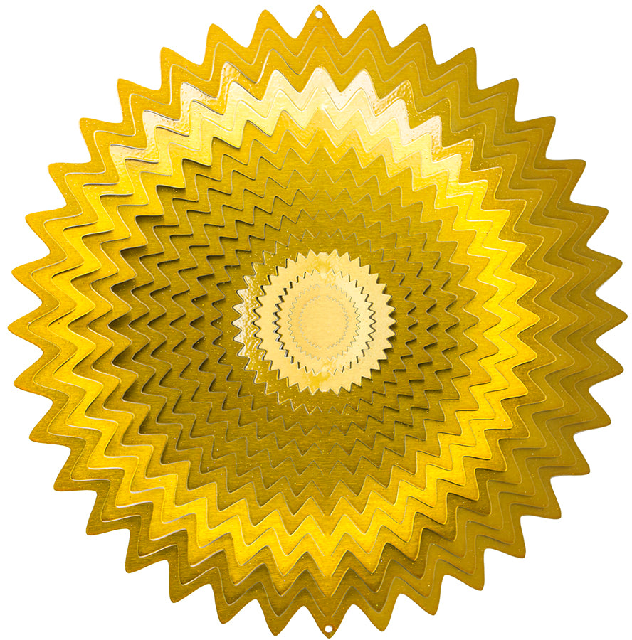 Large gold splash wind spinner with nested zigzag starburst rings in bright and antique gold
