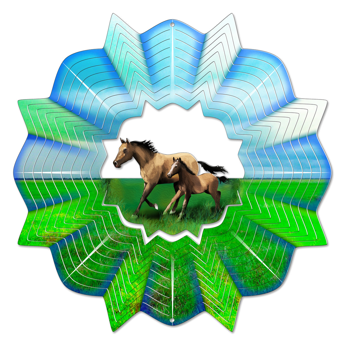 Large round wind spinner showing a tan mare and foal galloping through a green meadow, framed by layered chevron-cut blades