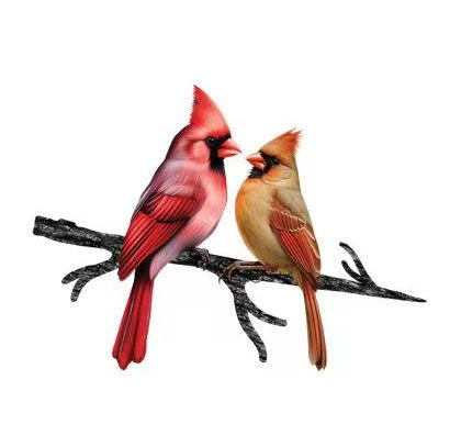 Kissing cardinals metal stake – male and female cardinal pair on laser-cut steel branch