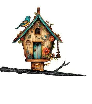 Whimsical birdhouse fence post stake – laser-cut metal cottage birdhouse with teal roof and bluebird