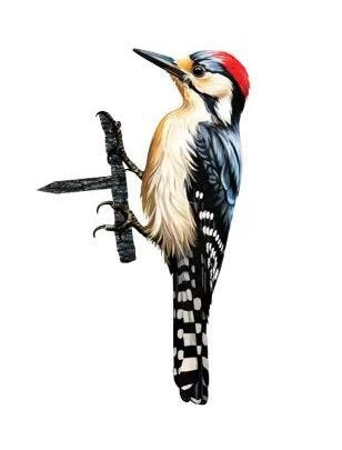 Woodpecker tree stake – laser-cut metal woodpecker mounted vertically in climbing pose