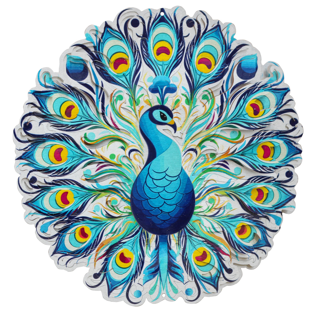 Large peacock wind spinner with full fan of colourful eye feathers in layered die-cut steel