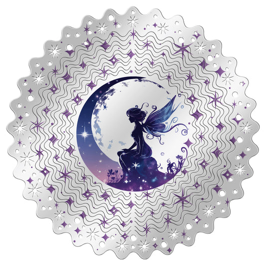 Large fairy wind spinner with fairy on rock before a full moon in shimmering silver and purple