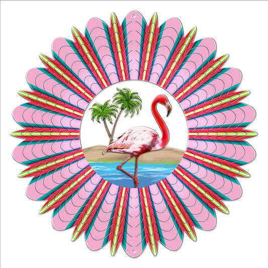 Small vivid flamingo wind spinner with a pink flamingo standing in blue water by palm trees, ringed by radiating pink feather blades