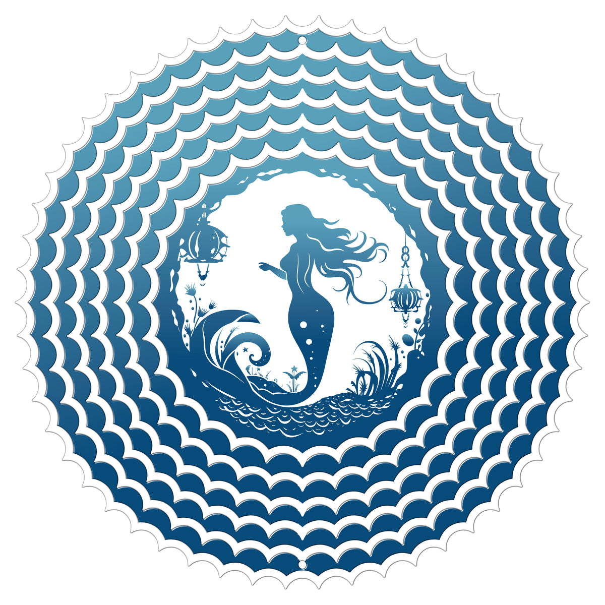 Large mermaid wind spinner with blue fish-scale rings and centre silhouette of a mermaid above waves with lanterns and seaweed