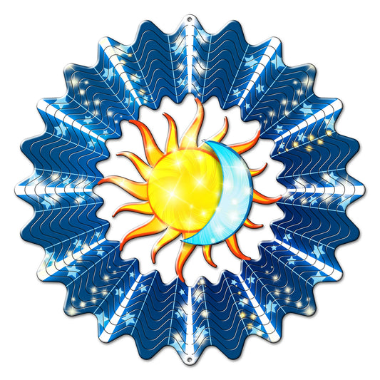 Large sun and moon wind spinner with golden sun, crescent moon and starry navy layered blades