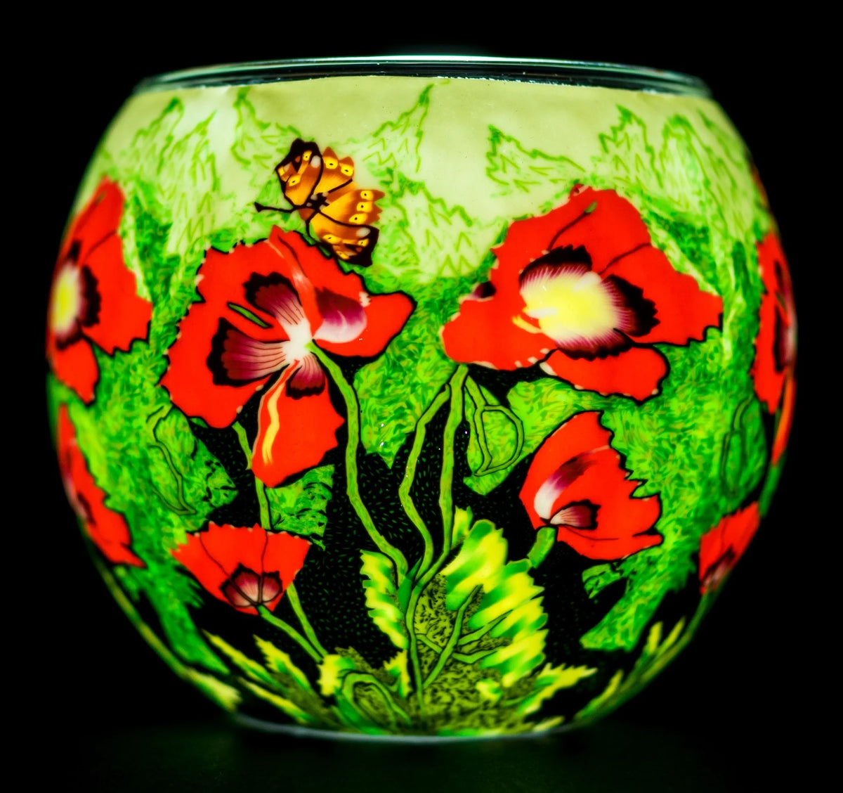 Butterfly Landing Claymaster light globe glowing with red poppies and an orange-and-yellow butterfly landing at the top