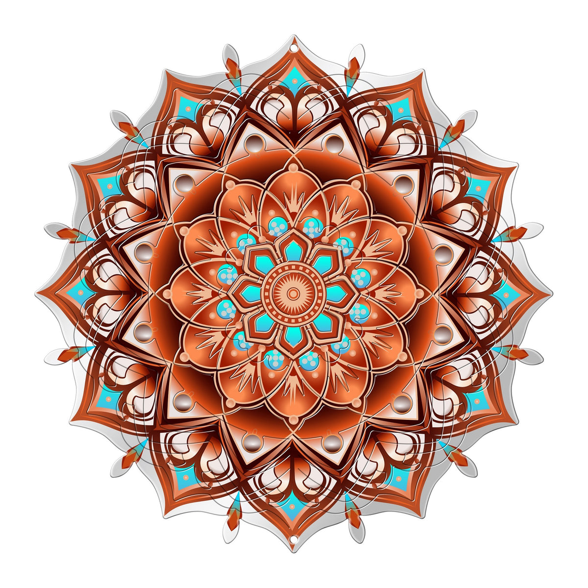 Large copper octagonal mandala wind spinner with turquoise accents and telescoping layered petals