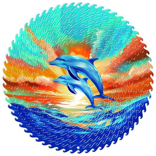 Large Wave Dolphin wind spinner printed with two blue dolphins leaping from turquoise surf against an orange sunset sky