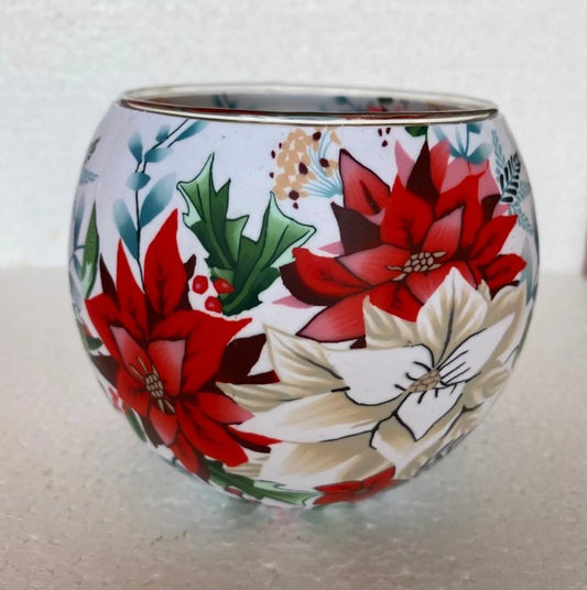 Claymaster Poinsettias light globe with red and cream poinsettias, holly and berries on a white background