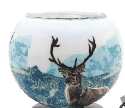 Claymaster Buck light globe with a buck with large antlers against icy blue mountains and frosted winter terrain