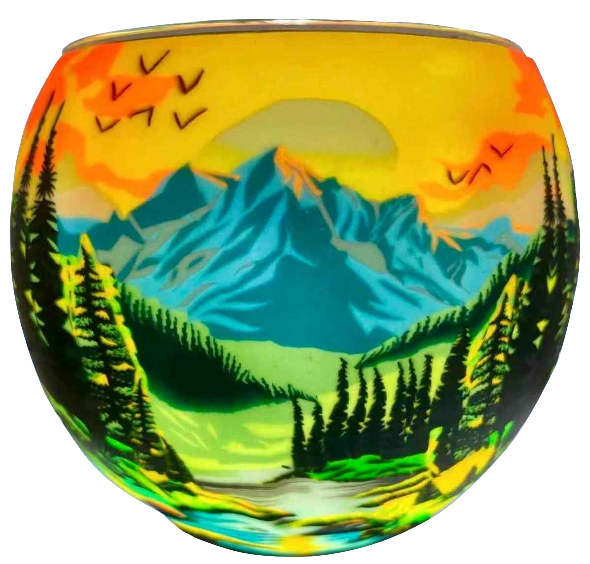 Claymaster Scenic Mountains light globe glowing with a snow-streaked peak, evergreen forest, stream and sunset sky