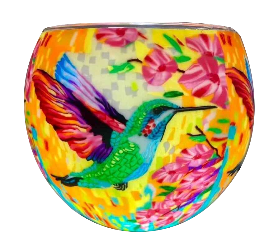 Claymaster Colourful Hummingbird light globe with an emerald hummingbird with fanned multicoloured wings among pink flowers
