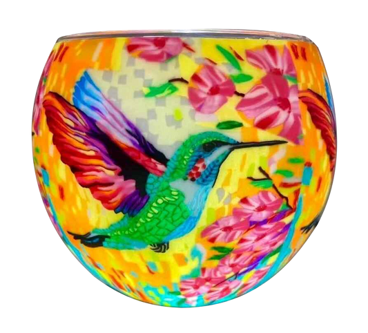 Claymaster Colourful Hummingbird light globe with an emerald hummingbird with fanned multicoloured wings among pink flowers