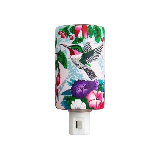 Claymaster hummingbird nightlight – handcrafted glass cylinder with hummingbird and fuchsia artwork on plug-in base