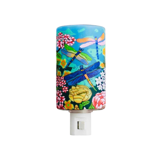 Claymaster dragonfly garden nightlight – handcrafted glass with colourful dragonflies and flowers