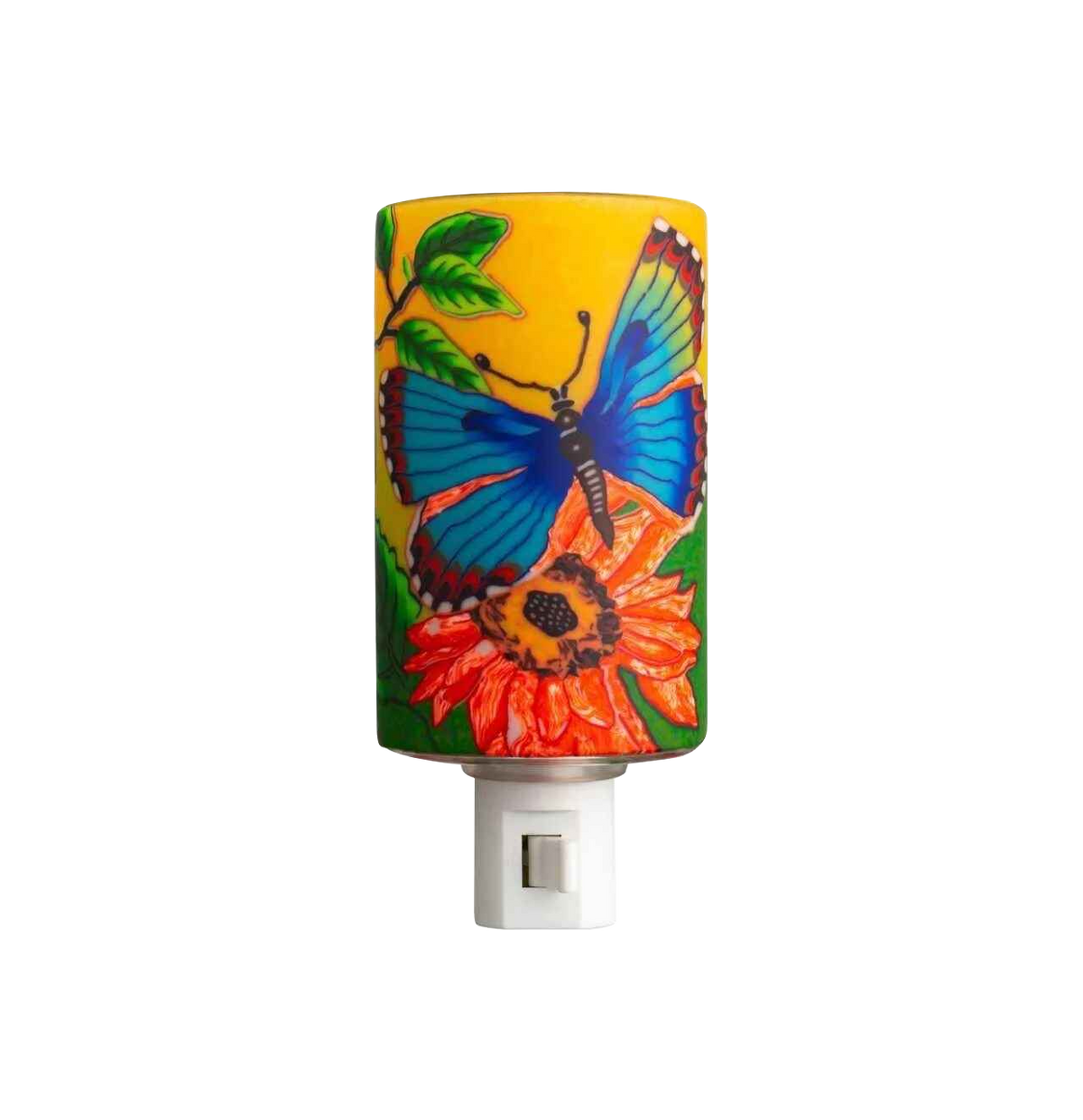Claymaster butterfly nightlight – handcrafted glass with blue butterfly on orange flower against yellow