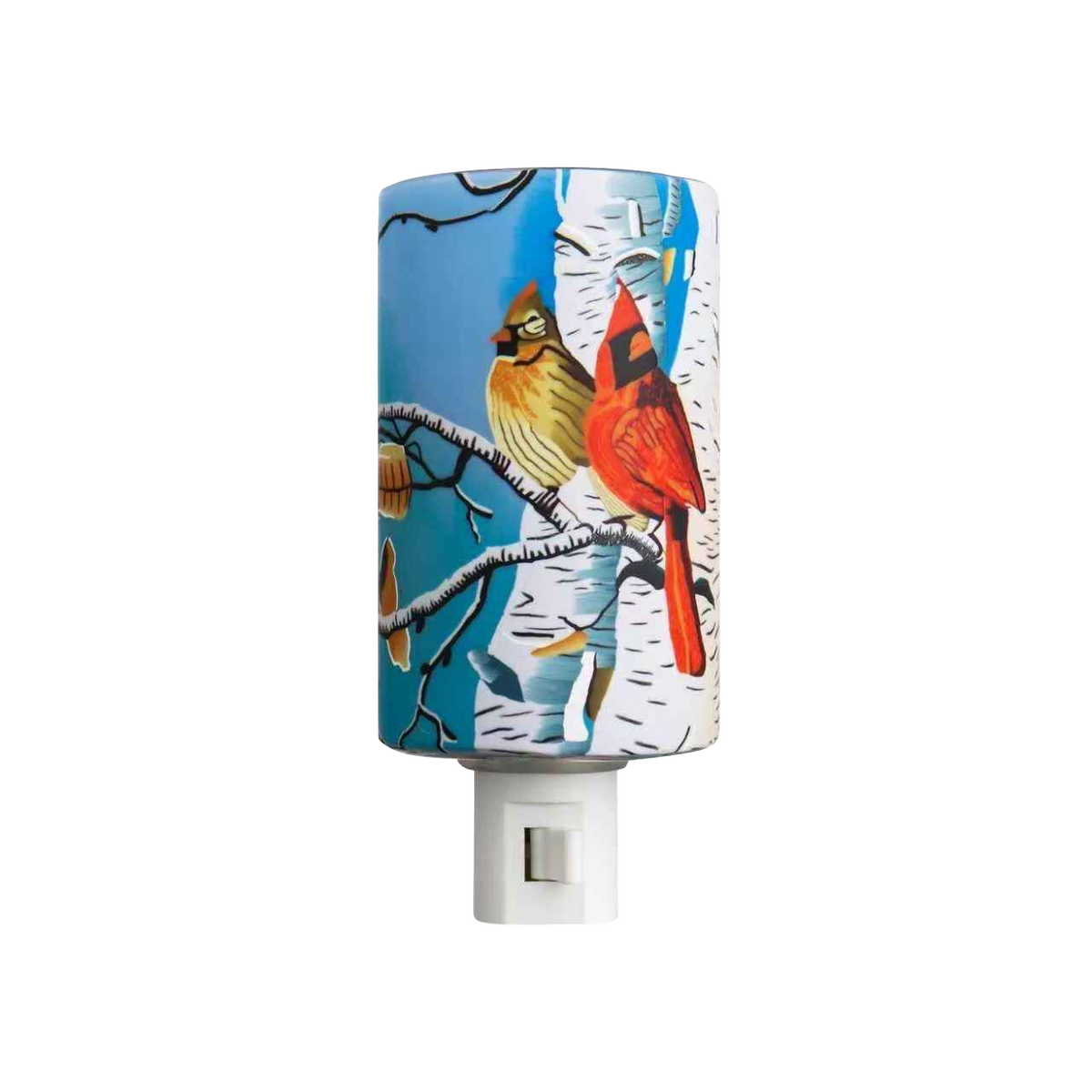 Claymaster cardinals nightlight – handcrafted glass with male and female cardinal on birch trunk