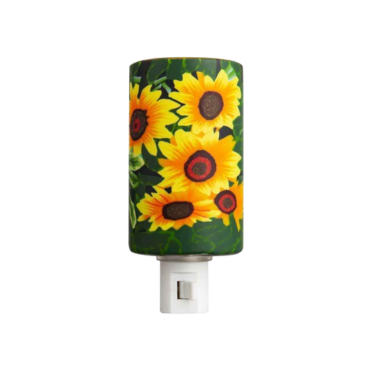 Claymaster sunflowers nightlight – handcrafted glass covered in yellow sunflowers on green foliage