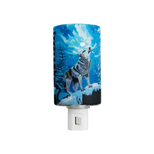 Claymaster howling wolf nightlight – handcrafted glass with wolf howling at full moon in snowy forest