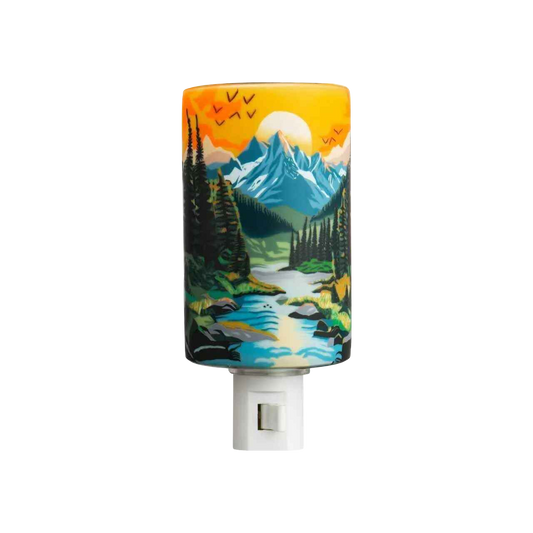Claymaster scenic mountains nightlight – handcrafted glass with mountain range, river and orange sunset