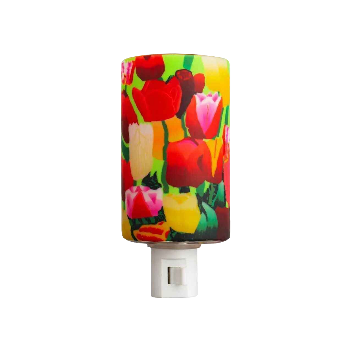 Claymaster tulips nightlight – handcrafted glass covered in red pink and yellow tulips