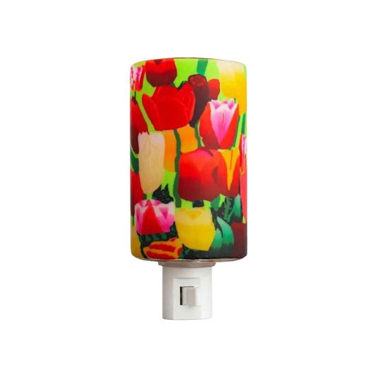 Claymaster tulips nightlight – handcrafted glass covered in red pink and yellow tulips