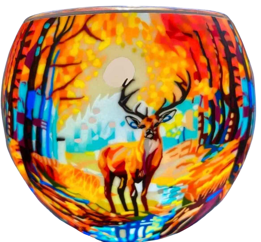 Claymaster Colourful Buck light globe glowing with a forward-facing buck in orange and gold autumn forest