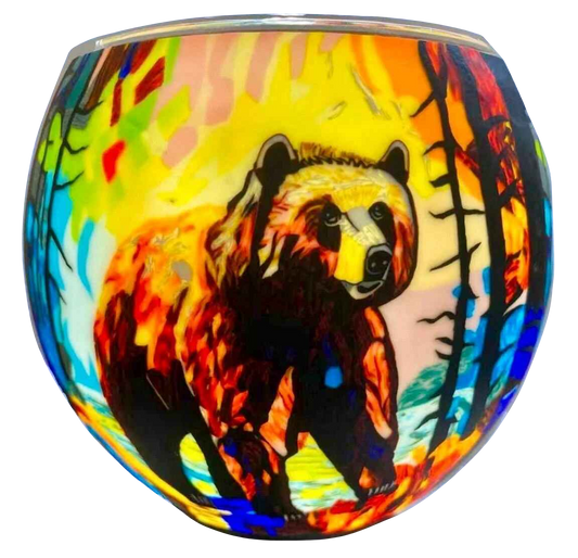 Claymaster Colourful Bear light globe glowing with a grizzly bear in vivid orange and yellow against a stained-glass forest