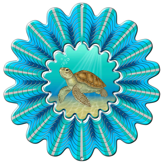 Large wind spinner with blue and teal wave-striped blades and an animated centre showing a sea turtle swimming underwater
