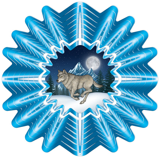 Large animated wolf wind spinner with running wolf moonlit winter scene and metallic blue zig-zag layers