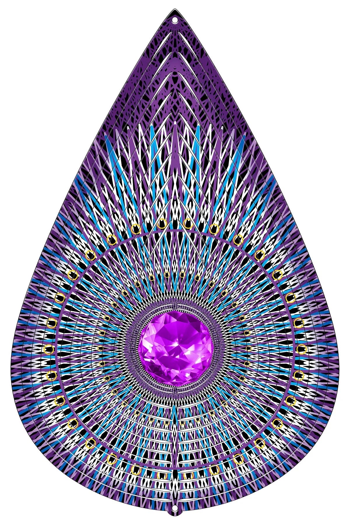 Large Galactic Mandala Teardrop wind spinner with woven purple, blue and gold lacework rings around a magenta faceted crystal