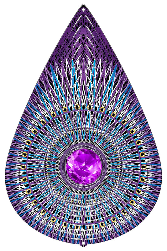 Large Galactic Mandala Teardrop wind spinner with woven purple, blue and gold lacework rings around a magenta faceted crystal