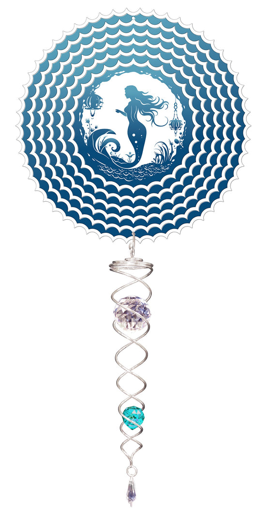 Small Mermaid wind spinner set with blue ombre fish-scale petals, mermaid silhouette medallion and aqua crystal twister tail