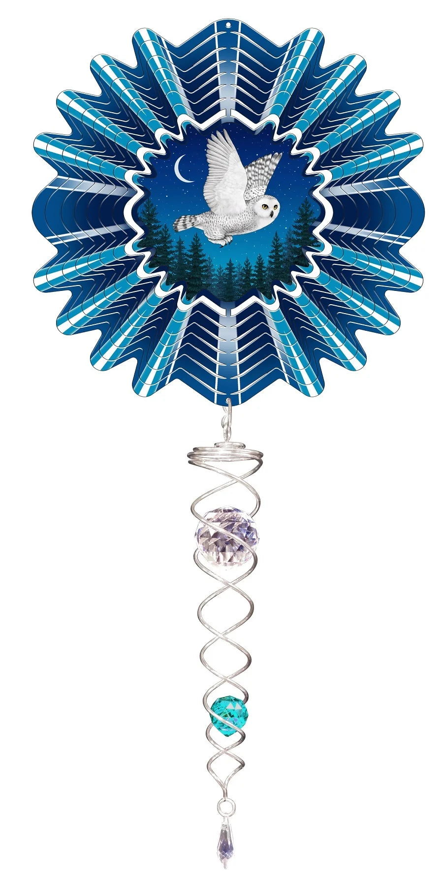 Animated snowy owl wind spinner set showing a snowy owl flying over pines under a crescent moon, with a silver crystal twister hanging below