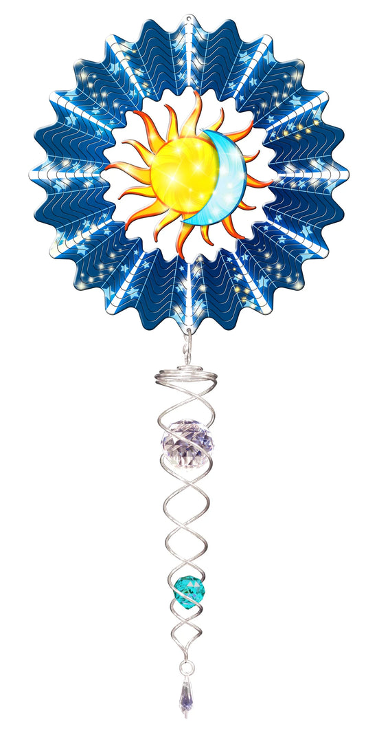 Small sun and moon wind spinner set with golden sun, crescent moon and starry blue border, above a silver crystal twister with teal crystal