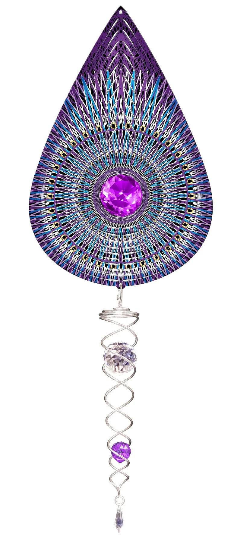Galactic mandala teardrop wind spinner set with purple, blue and white patterned teardrop spinner and silver crystal twister hanging beneath